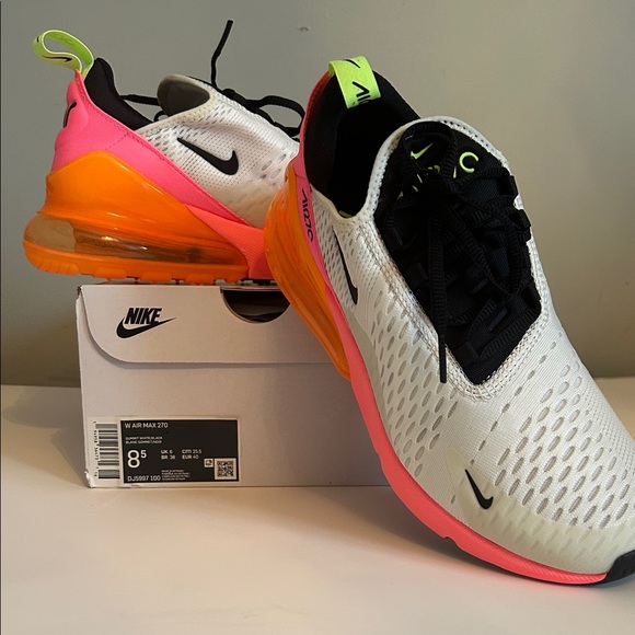 Nike  women’s Air Max 270 - summit white/black - pink and orange accent - Picture 2 of 3